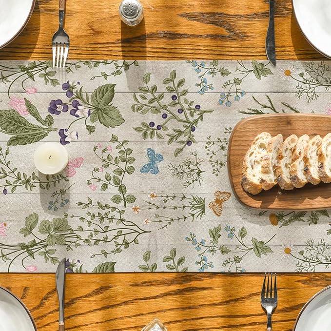 Artoid Mode Wood Wild Flowers Floral Spring Table Runner, Seasonal Summer Kitchen Dining Table Decoration for Home Party Decor 13x120 Inch