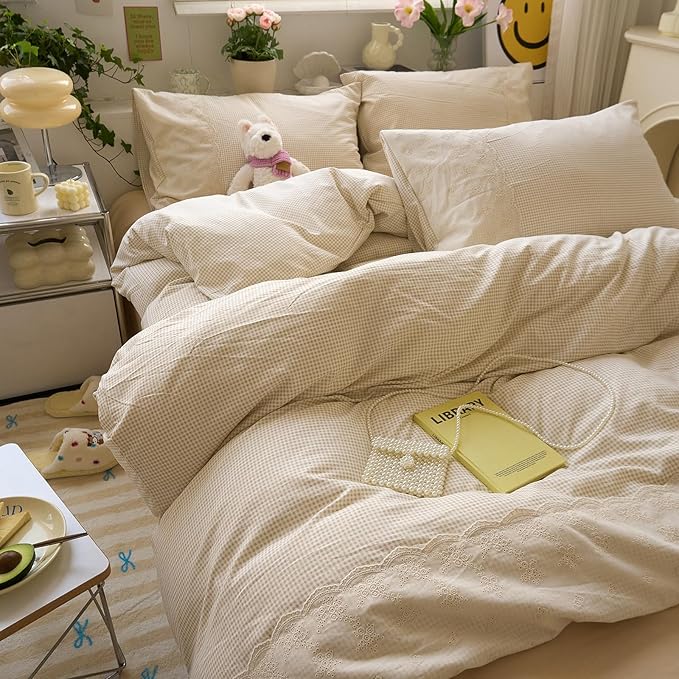 LifeTB Tan Gingham Comforter Set Full Romantic Lace Style Beige Taupe Plaid Comforter Set 3 Pieces Vintage Checkered Grid Comforter with 2 Pillowcases Fluffy Soft Farmhouse Gingham Bedding Set