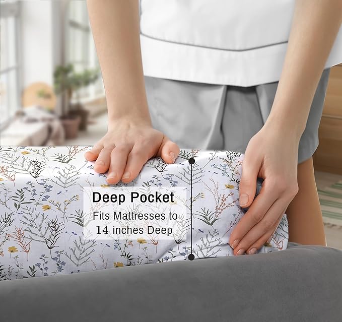 RUVANTI 100% Cotton California King Sheet Sets, 4 Pieces, Soft & Breathable Percale Weave Bedding, Deep Pocket 14", Hotel Standard, Crisp Cool Feel & Durable, Perfect Floral Sheets, Aroma