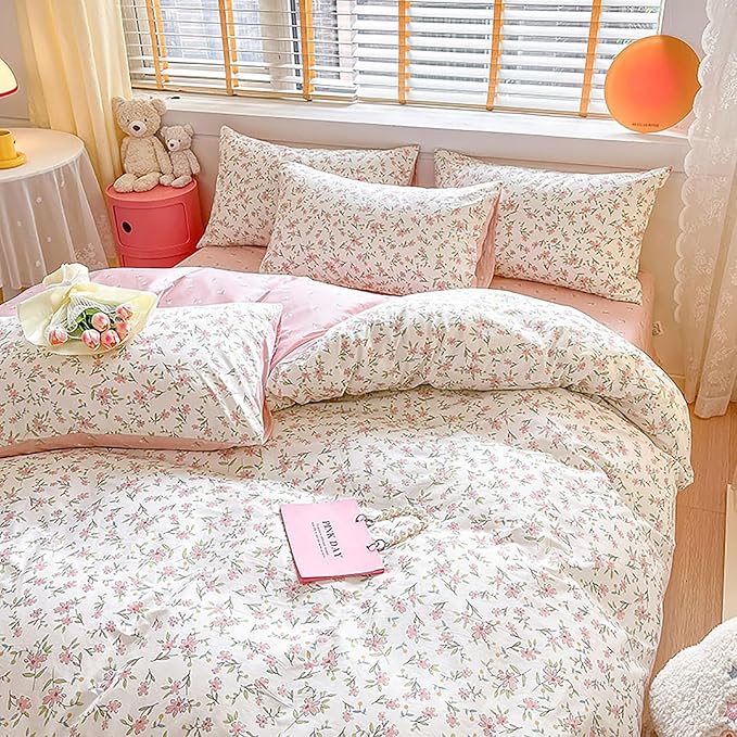 EAVD Vintage Style Garden Pink Floral Duvet Cover Queen White Soft 100% Cotton Small Cute Floral Bedding Set with 2 Pillowcases Chic Shabby Floral Botanical Duvet Cover with Zipper Closure