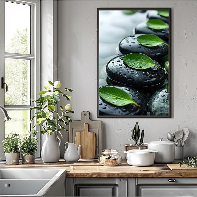 Glittering black stone cluster with fresh green leaves and water drops poster tranquil mist rain wall art zen wall art suitable for modern minimalist home decor 12x18in Metal blackFramed