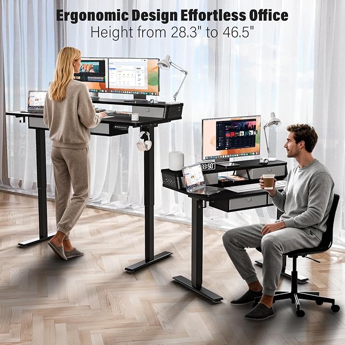 Electric Standing Desk with 4 Drawers 55''x 24'' Adjustable Height Sit to Stand Up Desk with Storage Shelf, C-Clamp Mount Compatible Black Home Office Desks Computer Gaming Table Ergonomic Workstation