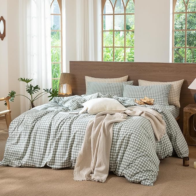 MooMee Gingham Duvet Cover Set 100% Washed Cotton Linen Like Textured Breathable Durable Soft Comfy Modern Checkered Design (Sage Green Gingham, Oversized Queen 98"x98")