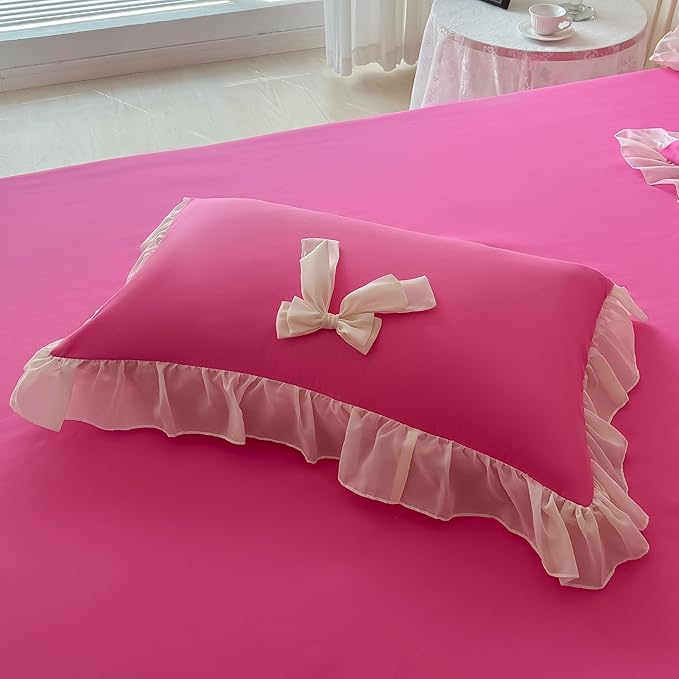 Girls Lace Bedding,Queen Comforter Cover Set, Chic Ruffled Duvet Cover with Lovely Bow,Princess Style 1 Duvet Cover with 2 Pillowcases, No Comforter-Hot Pink,Full Size