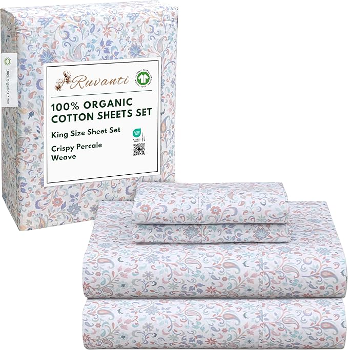 RUVANTI 100% Organic Cotton Sheets King Size, Percale Weave, GOTS Certified, 4-Piece Set, Deep Pocket 15", Crisp & Breathable, Soft Durable Bedding, Sábanas Algodón Orgánico – Multi Paisley