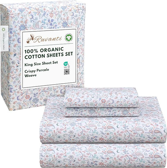 RUVANTI 100% Organic Cotton Sheets King Size, Percale Weave, GOTS Certified, 4-Piece Set, Deep Pocket 15", Crisp & Breathable, Soft Durable Bedding, Sábanas Algodón Orgánico – Multi Paisley