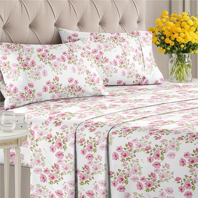 Floral Sheets - Pink Floral Bed Sheet Set - 1 Flat, 1 Fitted & 2 Pillowcases w/ Deep Pockets - Comfy, Wrinkle & Fade Free - Boho Botanical Bedding - Ultra-Soft, Breathable & Cooling - King Size Set