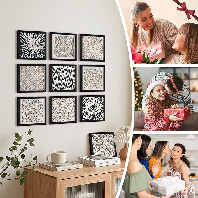 FOLKOR Abstract Framed Black and White Wall Art for Hallway Entryway Staircase, 12" Natural Rice Paper Geometric Wall Decor, Unique Room Aesthetic Artwork Wall Panel for Farmhouse Living Room Book Shop