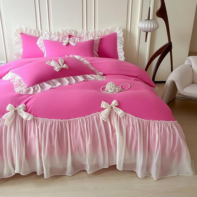 Girls Lace Bedding,Queen Comforter Cover Set, Chic Ruffled Duvet Cover with Lovely Bow,Princess Style 1 Duvet Cover with 1 Pillowcases, No Comforter-Hot Pink,Twin Size