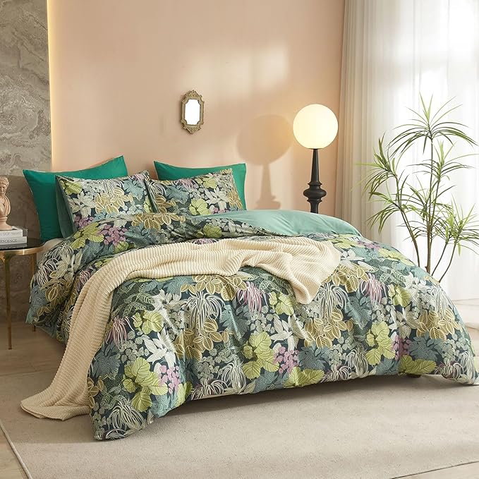 EAVD Tropical Leaves Duvet Cover King Soft Cotton Chic Plant Green Leaf Pattern Bedding Set with 2 Pillowcases Fresh Botanical Leaves Comforter Cover with Zipper Closure