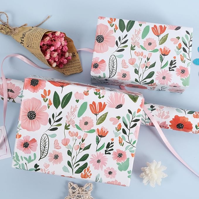 RayofSun Pink Floral Wrapping Paper Roll 17 in x 16.5 ft Mini Roll All Occasion Wildflower Flower Green leaves Gift Wrap Paper for Wedding Birthday Bridal Shower Party Wrapping Supplies