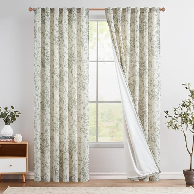 jinchan Linen Blend Floral Curtains for Living Room 108 Inches Extra Long Christmas Green Peony Flower Printed Curtain Back Tab Farmhouse Patterned Drapes Bedroom Window Curtains Set 2 Panels