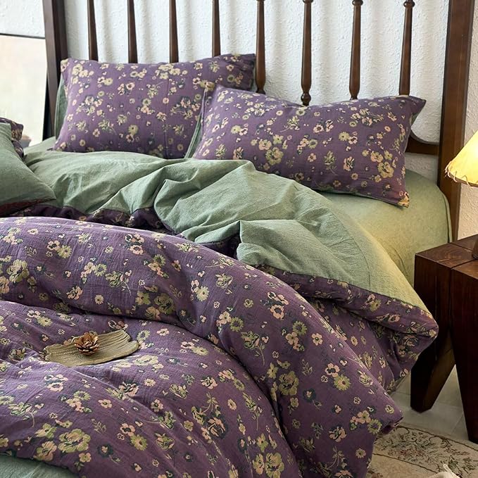 mixinni Vintage Floral Duvet Cover King Set - Purple & Green Reversible Jacquard, 100% Yarn-Dyed Double-Layer Cotton, Breathable Luxury Bedding (3-Piece, Includes 2 Pillowcases) Farmhouse & Bohemian