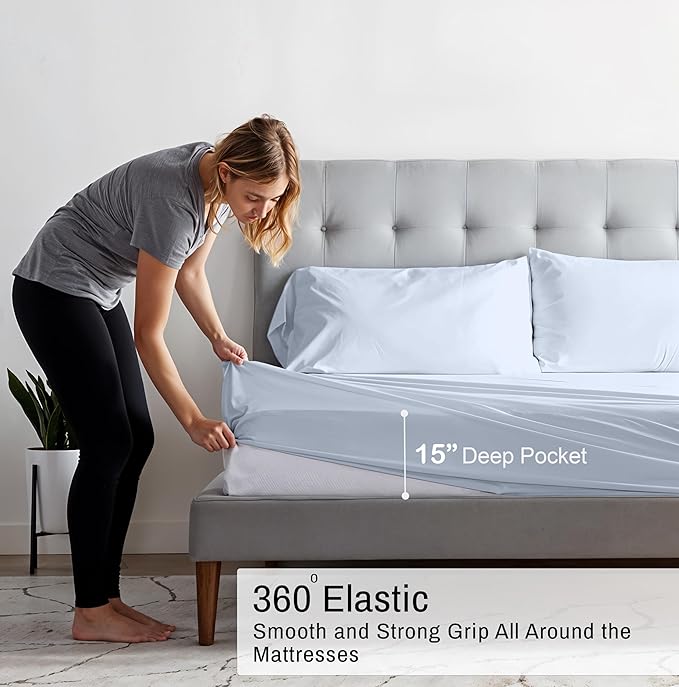 RUVANTI 100% Organic Cotton Sheets Queen Size, Percale Weave, GOTS Certified, 4-Piece Set, Deep Pocket 15", Crisp & Breathable, Soft Durable Bedding, Sábanas Algodón Orgánico – Arctic Ice