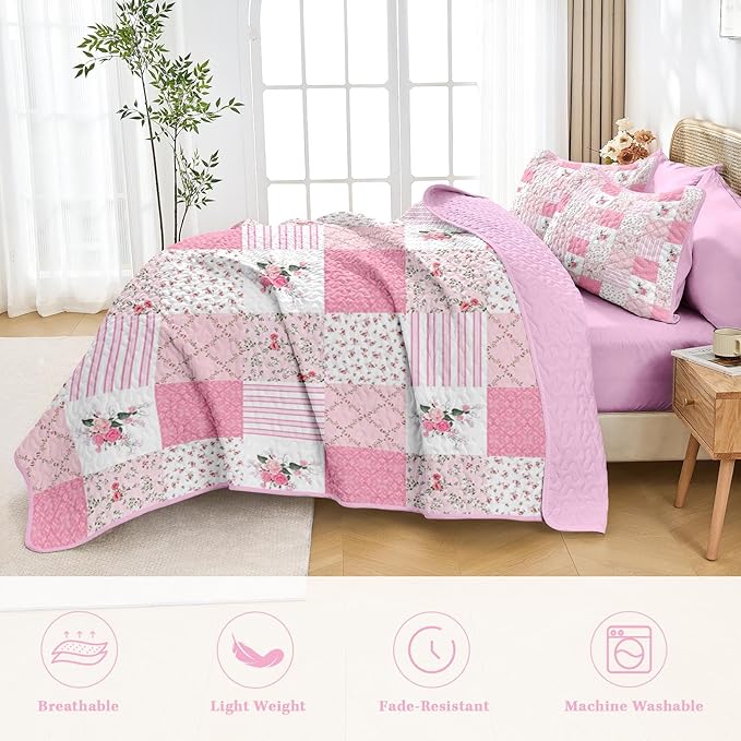 Quilt Set Twin Size, Pink Patchwork Flowers 2 Pcs Soft Bed Cover Bedding Set, Garden Floral Lightweight Bedspread Coverlet with Pillow Sham for All Season