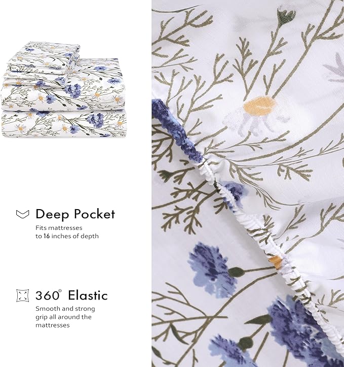 RUVANTI 100% Cotton Full Size Bed Sheets, 4 Pieces, Soft & Breathable Percale Weave Bedding, Deep Pocket 16", Hotel Standard, Crisp Cool Feel, Durable, Perfect Sheet Set Floral, Sweet Pea