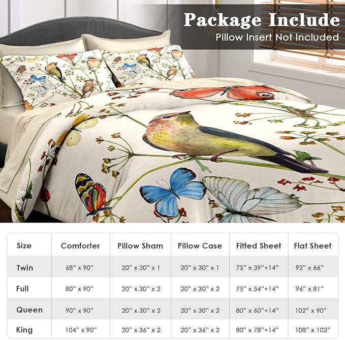 Comforter Set King Size, Vintage Birds Butterfly Colorful 7 Pcs Bedding for Kids and Adults, Floral Spring Beige Bed Sheet Sets with Fitted Sheet 2 Pillowcase & 2 Sham for Bedroom Bed Decor