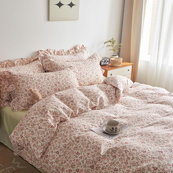 Vintage Floral Duvet Cover King 100% Cotton Pink Flower Duvet Cover with 2 Ruffle Pillowcases Girls Boho Lace Floral Bedding Set Aesthetic Garden Style Botanical Comforter Cover King with Zipper Ties