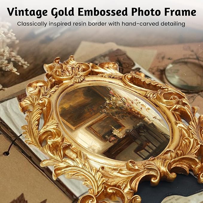 Oval Photo Frame 4x6, Gold Vintage Resin Picture Frames with Glass Cover, Antique Picture Frame for Living Room, Retro Handmade Photo Frames for Tabletop or Wall Hanging, Pictures Display Frames Art