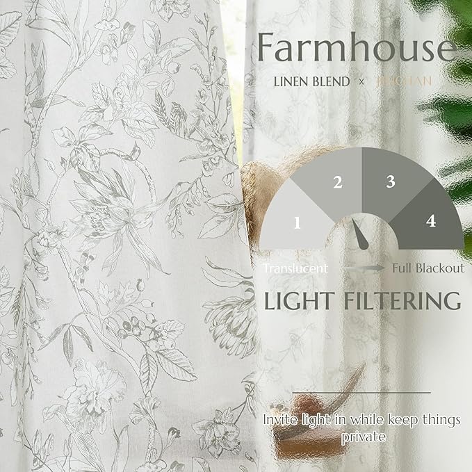 jinchan Floral Curtains 63 Inch Length Charcoal Grey Flower Linen Farmhouse Curtain for Living Room French Country Vintage Curtain Rod Pocket Curtains Set 2 Panels Gray Floral Printed