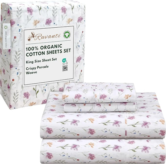 RUVANTI 100% Organic Cotton Sheets King Size, Percale Weave, GOTS Certified, 4-Piece Set, Deep Pocket 15", Crisp & Breathable, Soft Durable Bedding, Sábanas Algodón Orgánico – Obsessed Stems