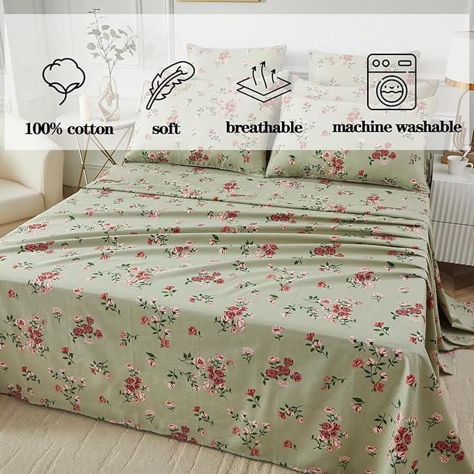 FADFAY King Size Sheet Set 100% Cotton Sage Green Bed Sheets, French Country Red Rose Floral Pattern, Soft Cool Luxury Bedding, Shabby Vintage Style, 4 Pieces Deep Pocket Fitted Sheet