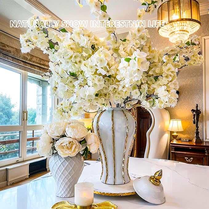 Ginger Jar, White Gold Ceramic Vase Large Handmade Porcelain Vases with Lid, White Gold Decorative Flower Vase for Home, Living Room, Weddings, Centerpieces (18in with Lid)