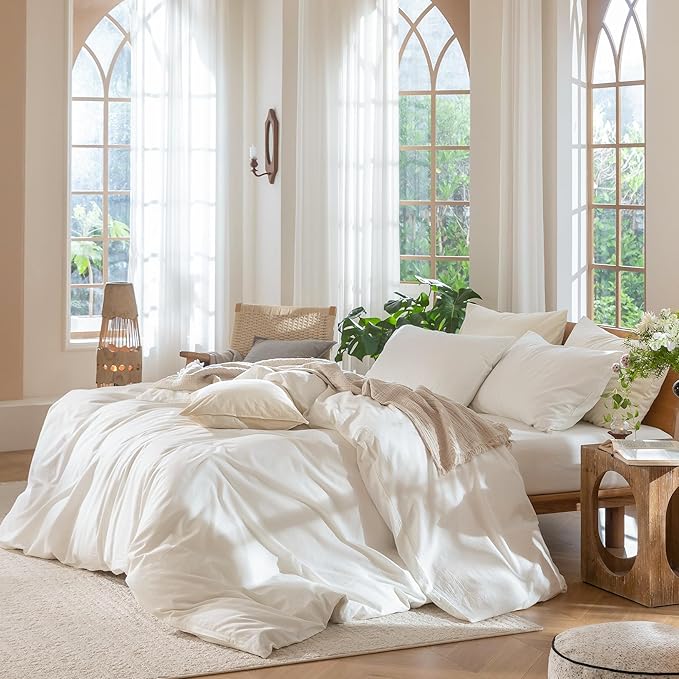 MooMee Bedding Duvet Cover Set 100% Washed Cotton Linen Like Textured Breathable Durable Soft Comfy (Solid Off White, Super Queen 90"x98")