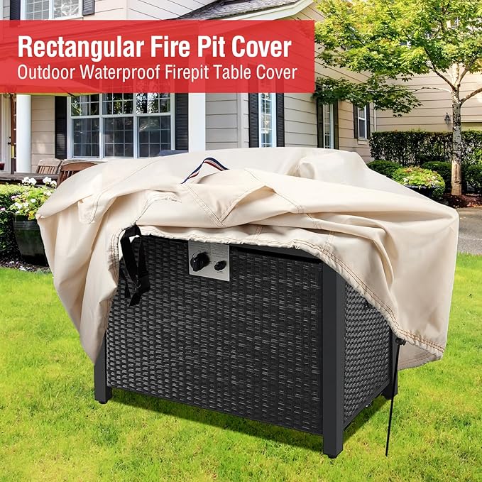 Youlvy Fire Pit Cover Rectangular 48 Inch - Waterproof Outdoor Fire Table Cover Rectangle Heavy Duty, 600D Patio Propane Gas Firepit Cover Rectangular Tear Weather Resistant - 48 x 24 x 15 Inch Beige