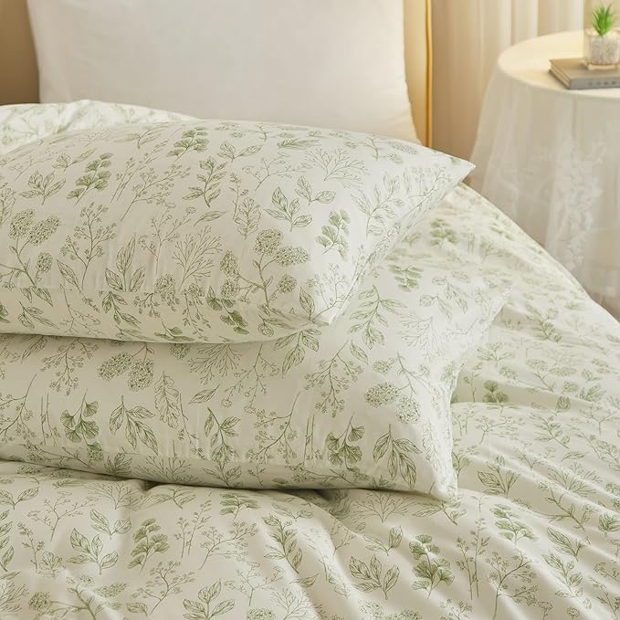 Garden Style Green Floral Comforter Set King Fluffy Soft Microfiber Boho Floral Bedding Comforter King Vintage Flower Leaves Botanical Comforter for All Seasons Cottagecore Bedding Comforter Set