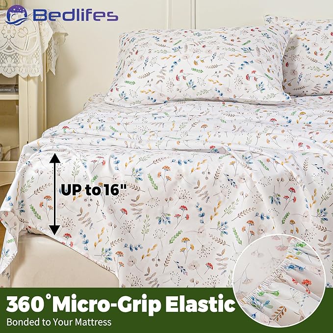 Bedlifes Queen Floral 4-Piece Sheet Set - Cooling Sheets Blend Rayon Derived from Bamboo,Soft & Breathable, Deep Pocket 16", Wrinkle Resistant - Vibrant Boho Floral Design