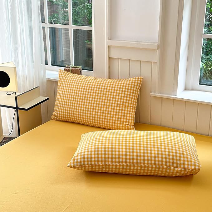 LifeTB Yellow Gingham Comforter Set Full Size Geometric Plaid Checkered Pattern Comforter Farmhouse Grid Plaid Bedding Comforter Set Soft Fluffy Lightweight Bedding Plaid Comforter for All Season