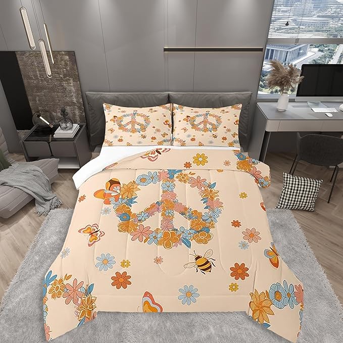 Retro 70s 60s Hippie Comforter Set Full Size,Groovy Flowers Butterfly Honeybee Bedding Comforters Room Decor,Floral Peace Symbol Quilt Set with 2 Pillowcases,Teens Present