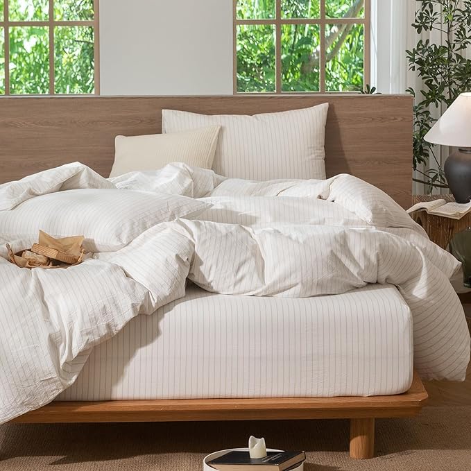 MooMee Striped Duvet Cover Set 100% Washed Cotton Linen Like Textured Breathable Durable Soft Comfy (White Almond Milk Grey Wide Stripes, Palatial King/Oversized King 120"x98")