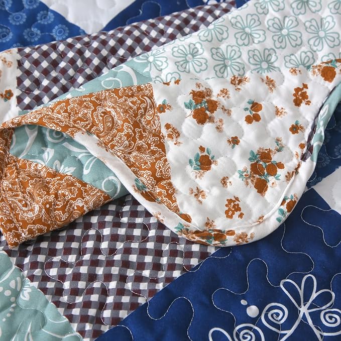 Dinjoy Reversible Patchwork Quilt Bedding Set Twin Size Blue Green Grey Plaid Floral Pattern Bedspread Set Soft Microfiber Coverlets Bed Set 3 Pieces Spring Summer Fall Use (68x86 inches)