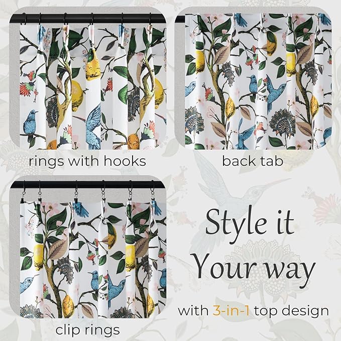 Curtains for Bedroom,Blue and White Hummingbird Floral Patterned Curtains 96 Inch Length for Living Room，Vintage Luxury Whimsical Floral Lemon Leaf Pinch Pleated Drapes，2 Panels