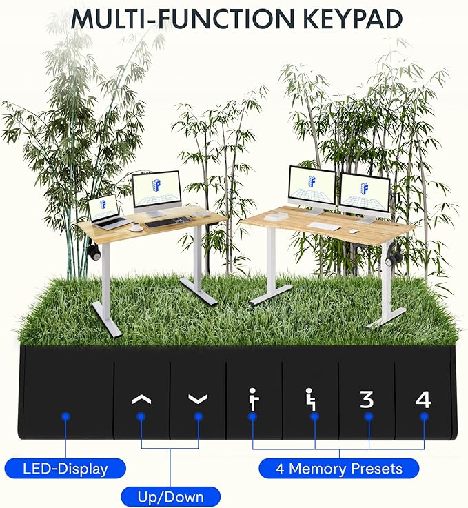 FLEXISPOT EN1 Bamboo Standing Desk, 60 x 30 Inches One-Piece Electric Adjustable Height Desk for Home Office (Black Frame + Bamboo Curved Desktop, 2 Packages)