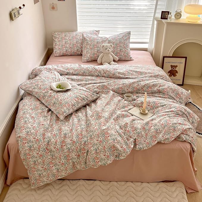 Vintage Floral King Size Comforter Set Fluffy Soft Girl Pink Floral Bedding Comforter French Style Aesthetic Flowers Botanical Comforter with 2 Pillowcases Farmhouse Boho Comforter Set King Comfy Soft