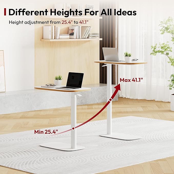 SANODESK Small Standing Desk Pneumatic Height Adjustable Small Sit Stand Desk Laptop Desk Overbed Table Computer Cart for Home Office Computer Workstations(23.6" W x 13.8" D,White+Maple Band)