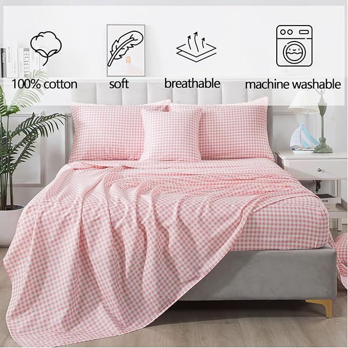 FADFAY Pink Plaid King Size Sheets 100% Cotton Geometric Checker Bedding Teens Grid White Gingham Pattern College Bedding Deep Pocket Sheets with 2 Pillowcases Ultra Soft 4pcs, King Size