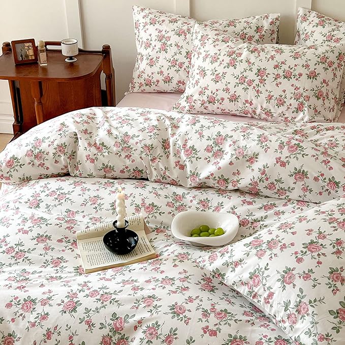 VM VOUGEMARKET Peach Pink Flower Duvet Cover Set Twin Cotton Girl's Blossom Comfoter Cover with Zipper Closure,Cottagecore Bedding Set-68"x86"