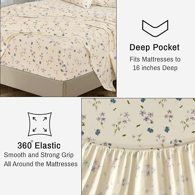 RUVANTI Flannel Sheets Twin Size - 100% Cotton Double Brushed Twin Sheets Set, Deep Pockets 16 Inches, All Seasons Breathable & Extra Soft Bed Sheets, Warm & Cozy, 3 Piece, Jasmine Stamp Cream