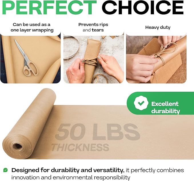 Brown Paper Roll 36" x 1800" (150 feet), Pack of 2 - USA-Made Brown Packing Paper 50lb Thickness for Moving, Shipping, Crafts/Arts - 100% Recycled Natural Wrapping Material by IDL Packaging