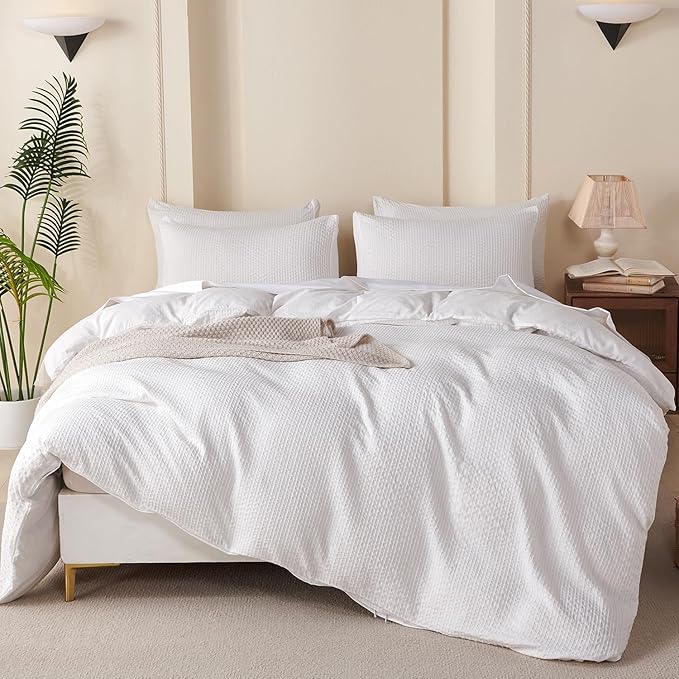 Queen Duvet Cover Striped White - Soft Luxury Washed Jacquard Microfiber 3 Pieces Bedding Set for All-Season with Zipper Closure & Corner Ties, Lightweight Comfort Breathable (No Comforter)
