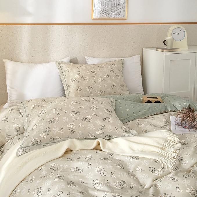 EAVD Boho Floral Duvet Cover Full Soft Cotton Garden Beige Floral Bedding Sets Full Aesthetic with 2 Pillowcases Chic Shabby Botanical Duvet Cover with Zipper Closure