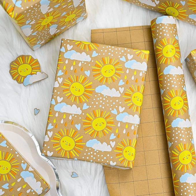 MAYPLUSS Kraft Baby Shower Wrapping Paper, Recyclable Sunshine, Cloud & Heart Design Baby Gift Wrap Paper for Children Birthday, Party, Holiday, Cute Wrapping Paper Mini Roll (17 Inch X 16.5 Feet)