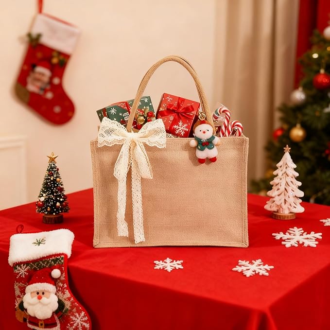 6pcs Burlap Tote Bag Set with Handles, Waterproof Reusable Blank Water Resistant Grocery Bags with Ribbon Large Jute Tote 15.35*6*12 Inch for Women Bridesmaid Gift Beach Shopping Wedding Travel DIY