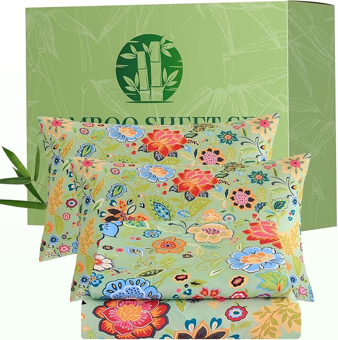 Bedlifes Queen Floral 4-Piece Sheet Set - Cooling Sheets Blend Rayon Derived from Bamboo,Soft & Breathable, Deep Pocket 16", Wrinkle Resistant - Vibrant Boho Floral Sage Green