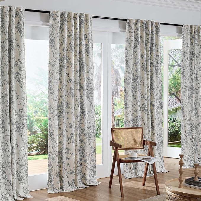 jinchan Blackout Linen Blend Curtain Grey Floral Blackout Curtains for Living Room 63 Inch Length Gray Printed with Lined Blackout Curtain for Bedroom Farmhouse Curtains Set 2 Panels