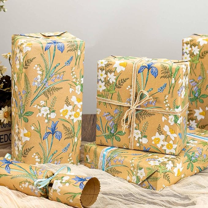 MAYPLUSS Kraft Floral Wrapping Paper - 17Inch x 33Feet - Elegant Meadow Gift Wrap Boho Garden Watercolor Flower Gift Wrapping Paper for Birthday, Wedding, Mothers Day, Bridal Shower, Engagement